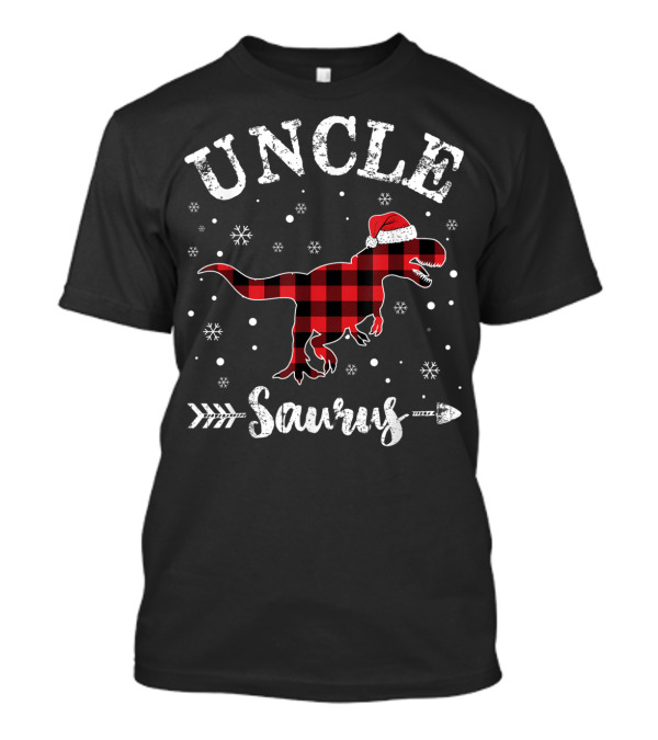 Uncle Saurus Red Plaid Dinosaur Santa Hat Snowflakes T-Shirt