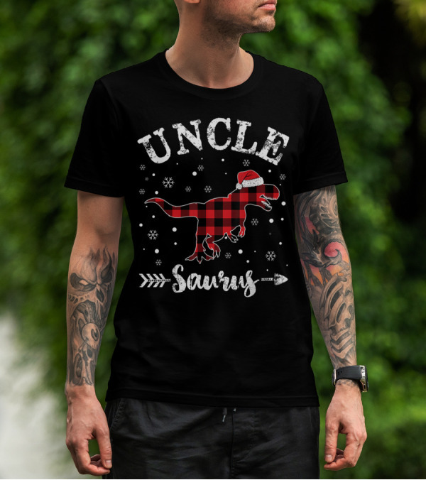 Uncle Saurus Red Plaid Dinosaur Santa Hat Snowflakes T-Shirt