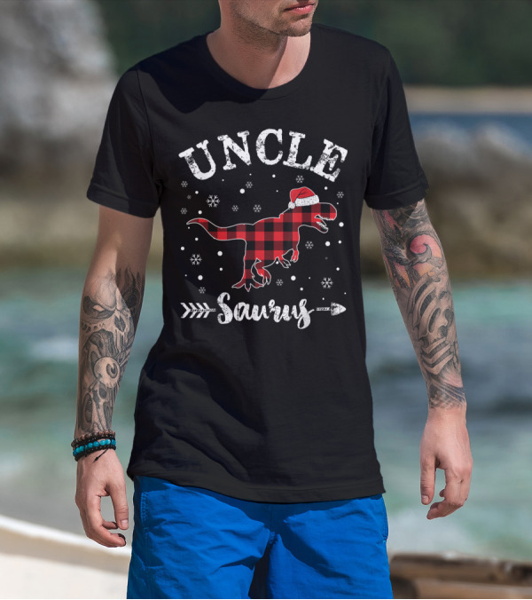 Uncle Saurus Red Plaid Dinosaur Santa Hat Snowflakes T-Shirt