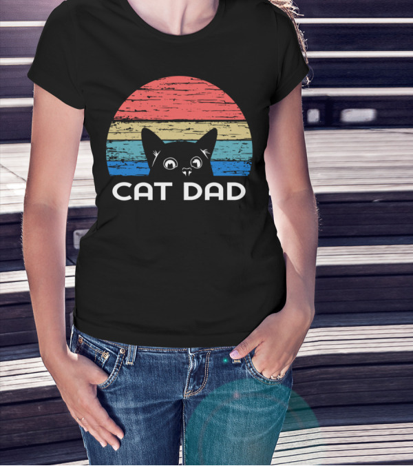 Retro Vintage Cat Dad For Cat Lovers Striped Sunset T-Shirt