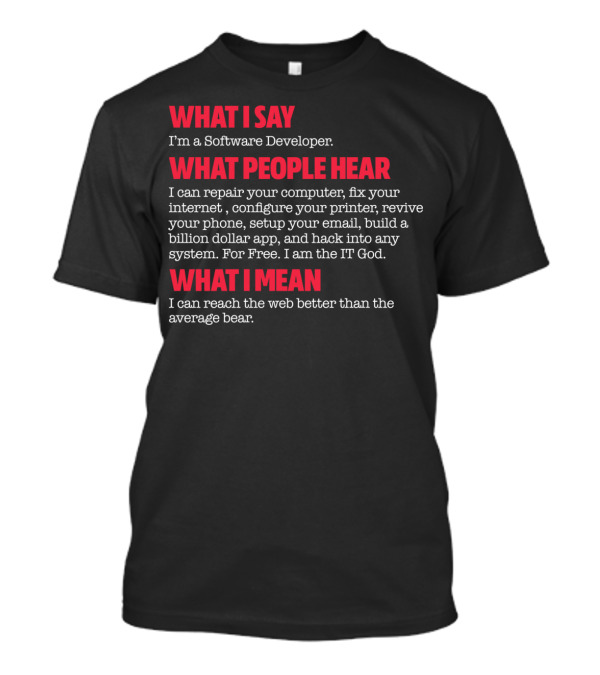 What I Say What People Hear What I Mean I'm A Software Developer I Am The IT God T-Shirt