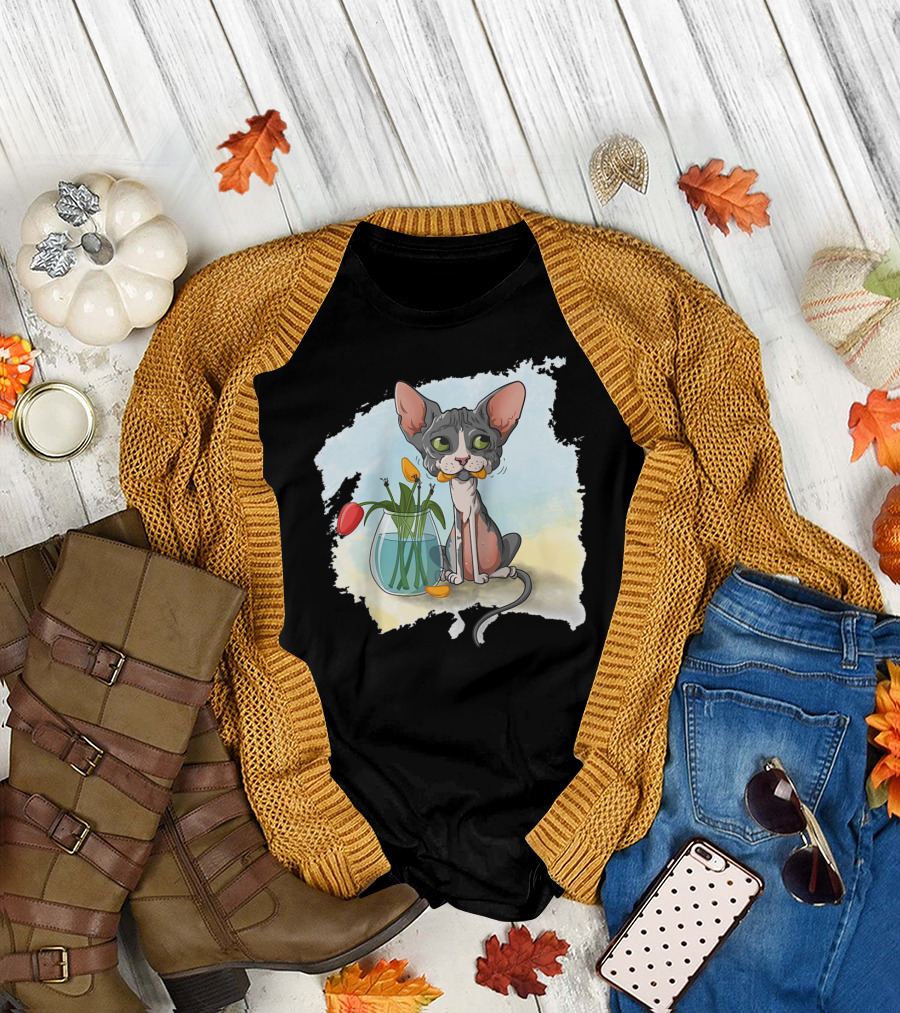 Sphynx Cat Sphinx Cat Cute Cartoon with Flowers in Vase T-Shirt