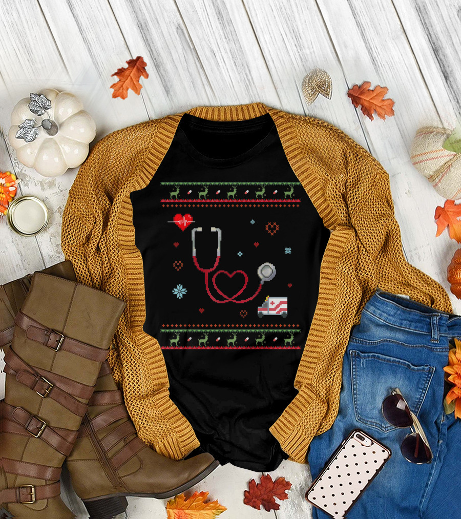 Stethoscope Heartbeat Ambulance Nurse Ugly Christmas T-Shirt