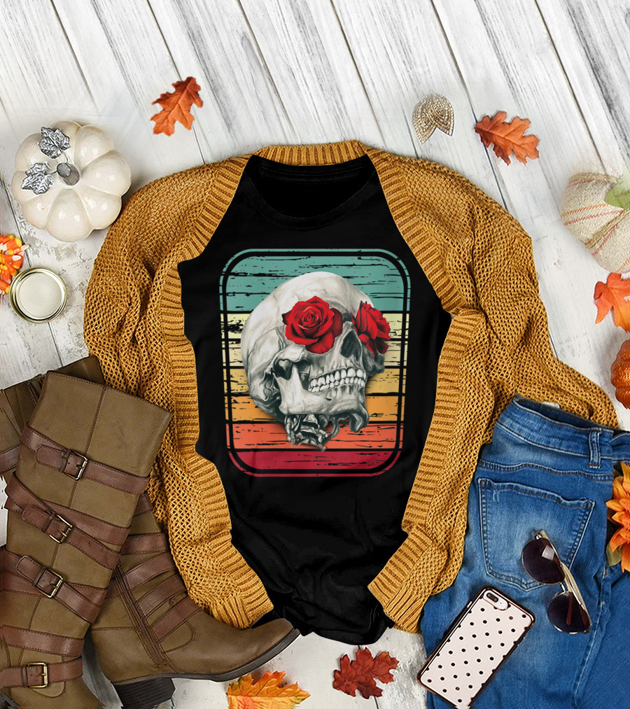 Vintage Skull with Roses on Retro T-Shirt