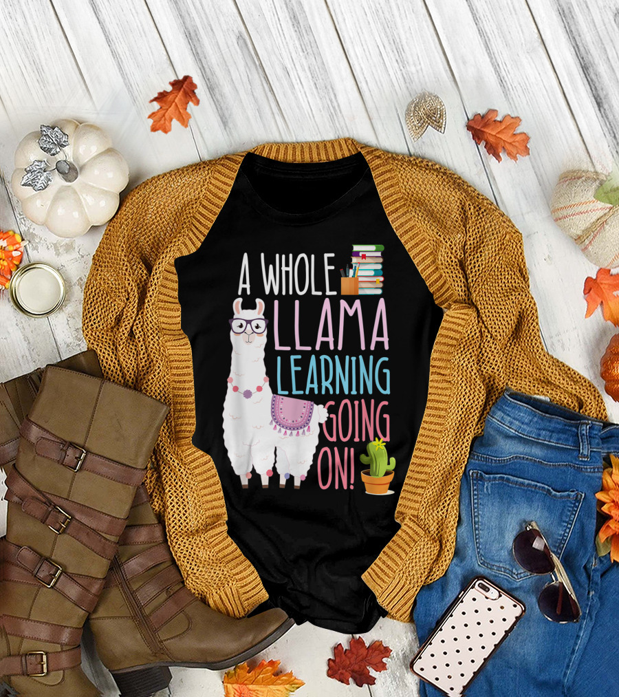 A Whole Llama Learning Going On Books and Glasses Cactus T-Shirt