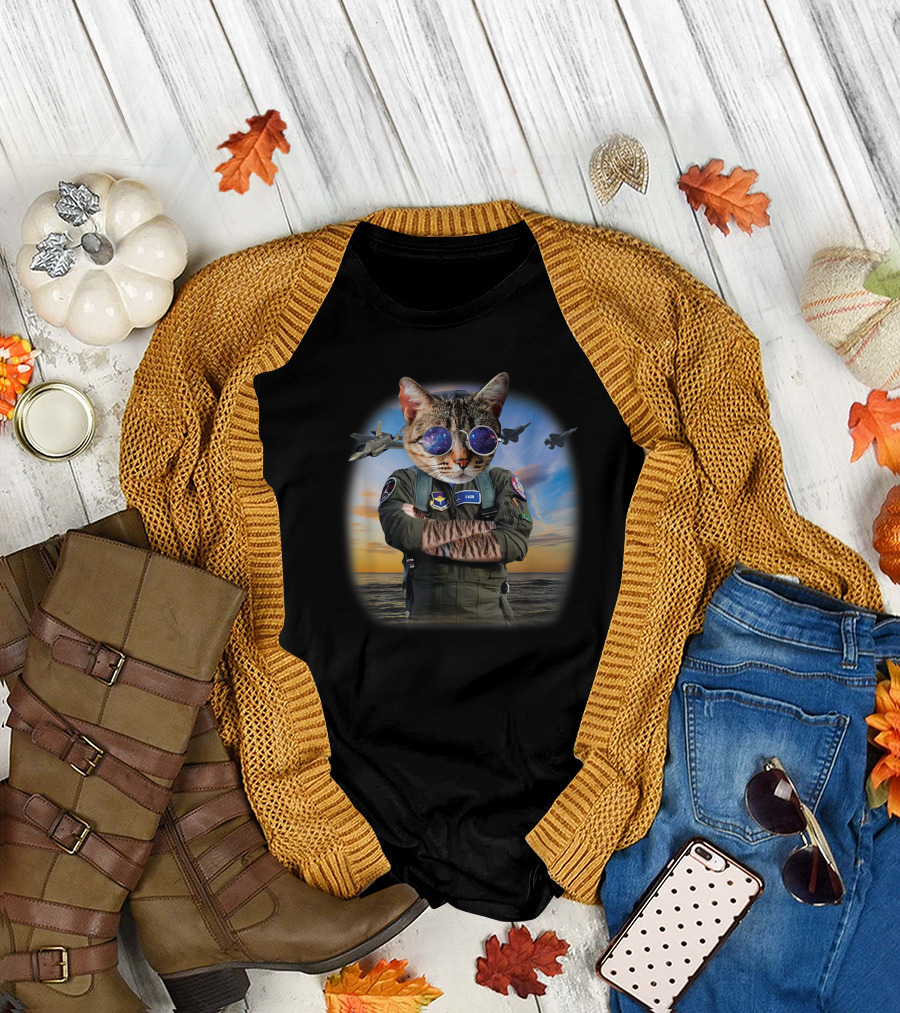 Cat Aviator F22 Raptor Fighter Jet Pilot with Galactic Glasses T-Shirt