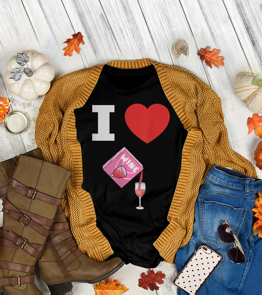 I Love Wine Box Pouring Into Glass Heart T-Shirt