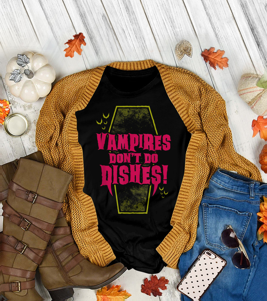 Vampires Don't Do Dishes Coffin Funny Goth Bats T-Shirt