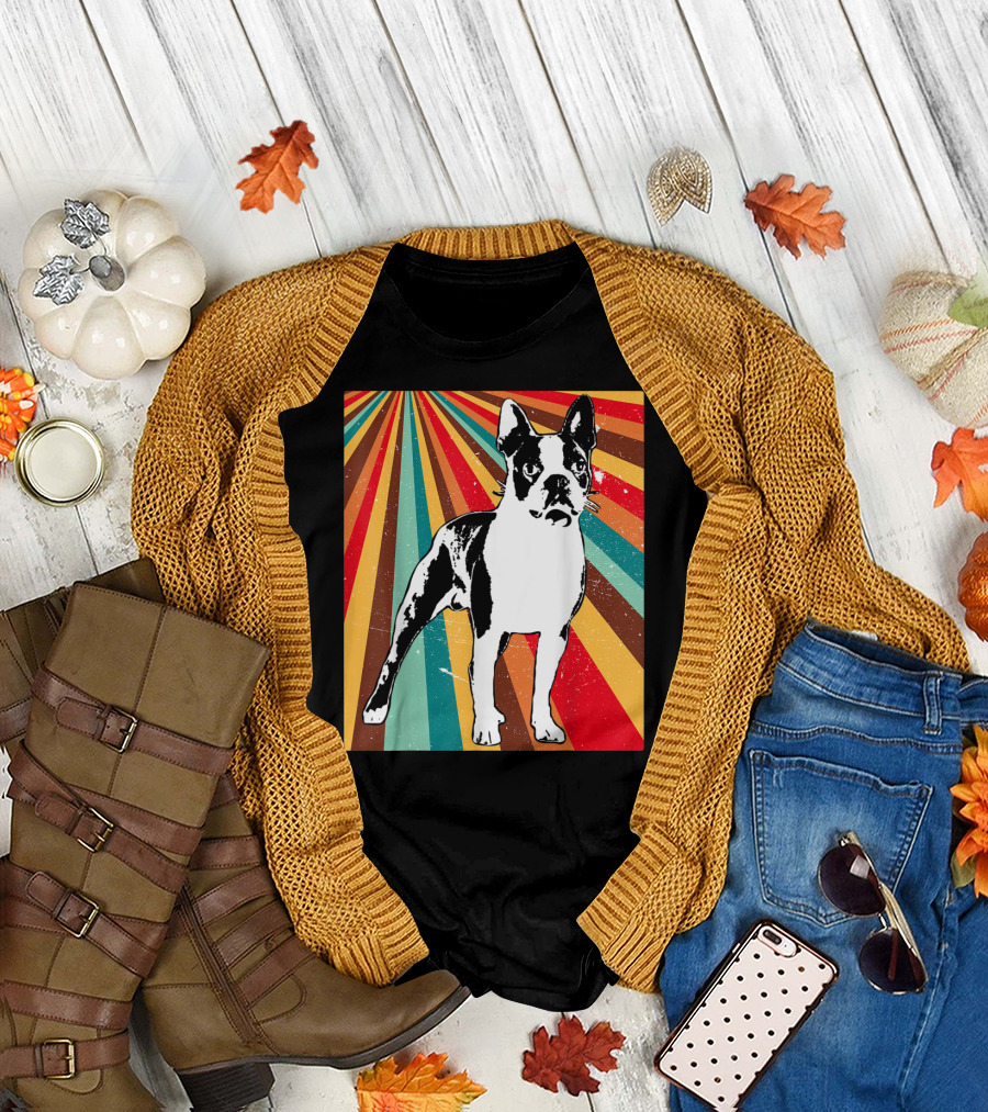 Classic Vintage Boston Terrier Retro Stripes T-Shirt
