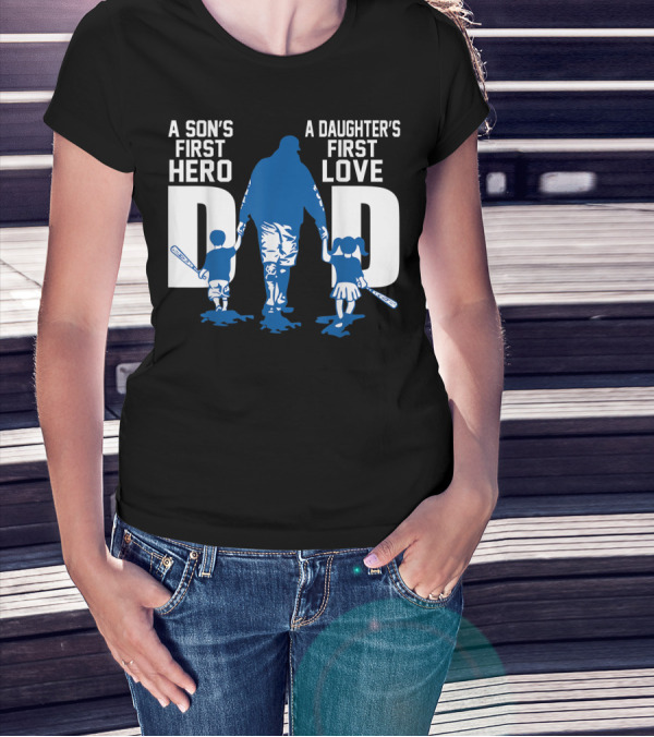 A Son's First Hero A Daughter's First Love Dad Baseball Bat Fatherhood Trio T-Shirt
