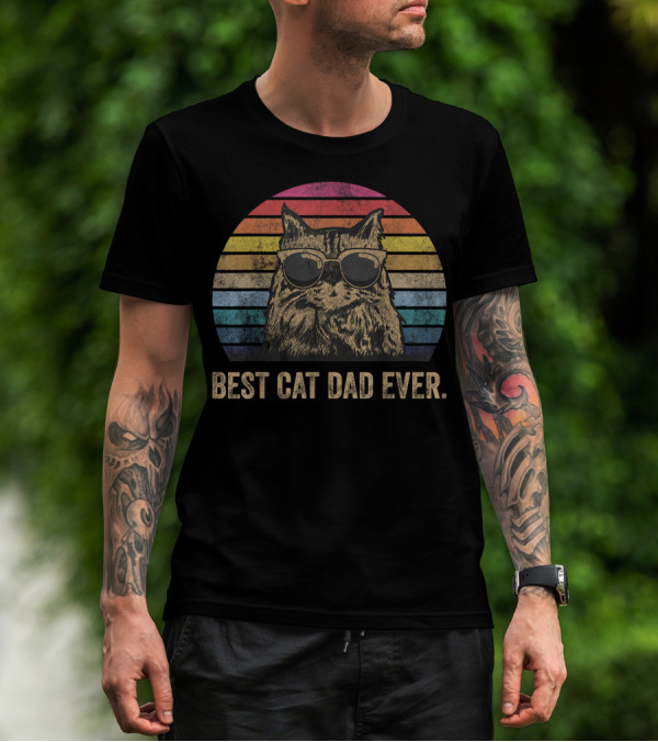Best Cat Dad Ever Vintage Retro Stripes Sunglasses T-Shirt