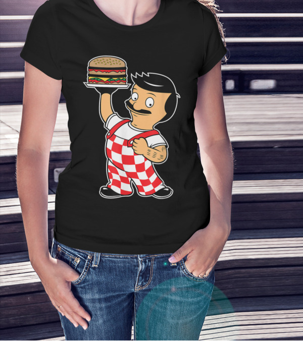 Big Bob Checkered Overalls Burger Mascot T-Shirt