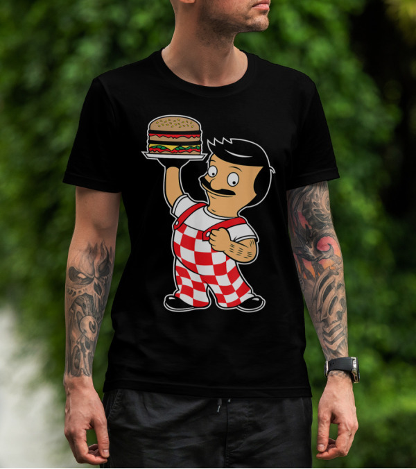 Big Bob Checkered Overalls Burger Mascot T-Shirt