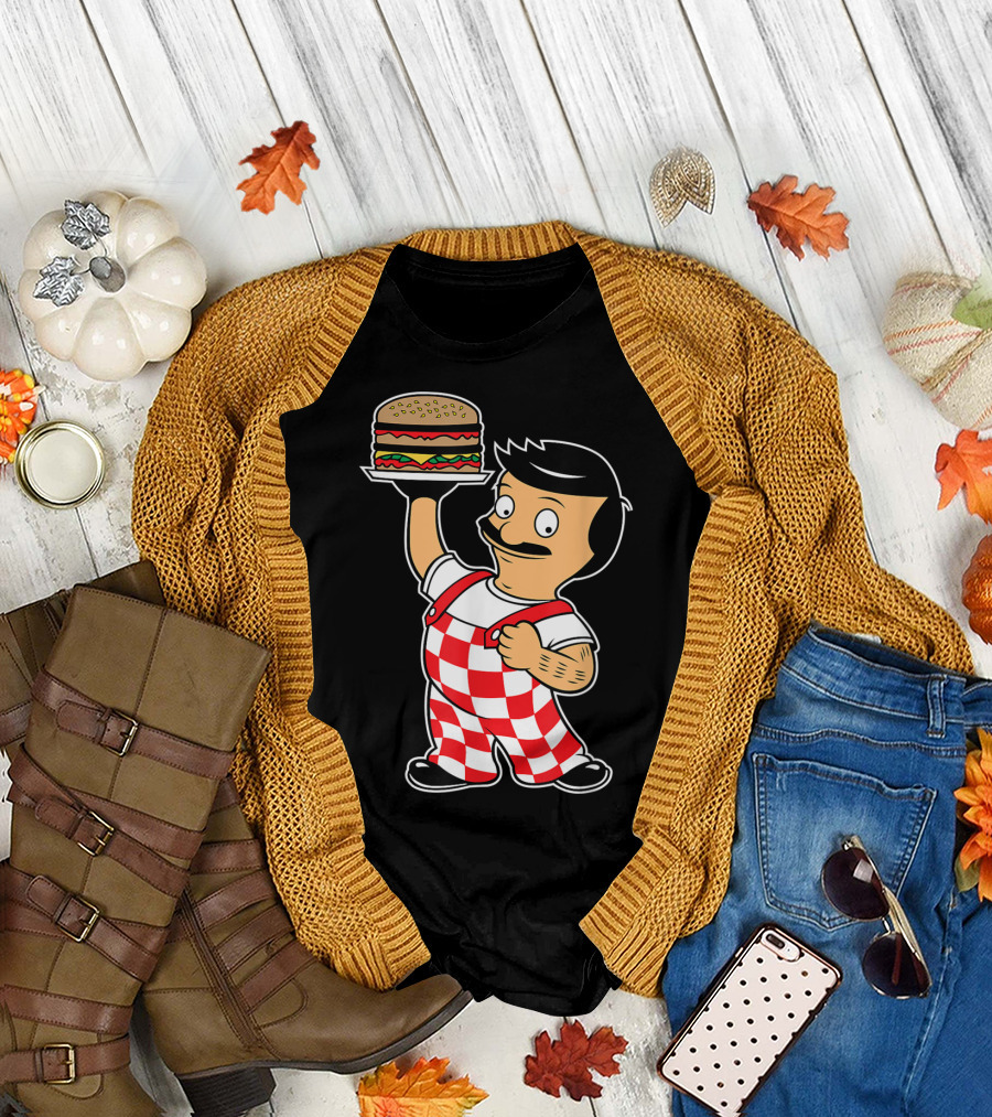Big Bob Checkered Overalls Burger Mascot T-Shirt