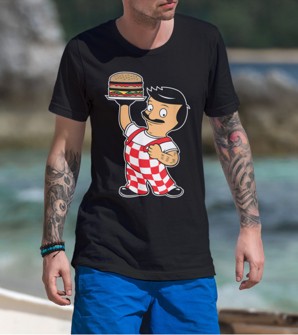 Big Bob Checkered Overalls Burger Mascot T-Shirt