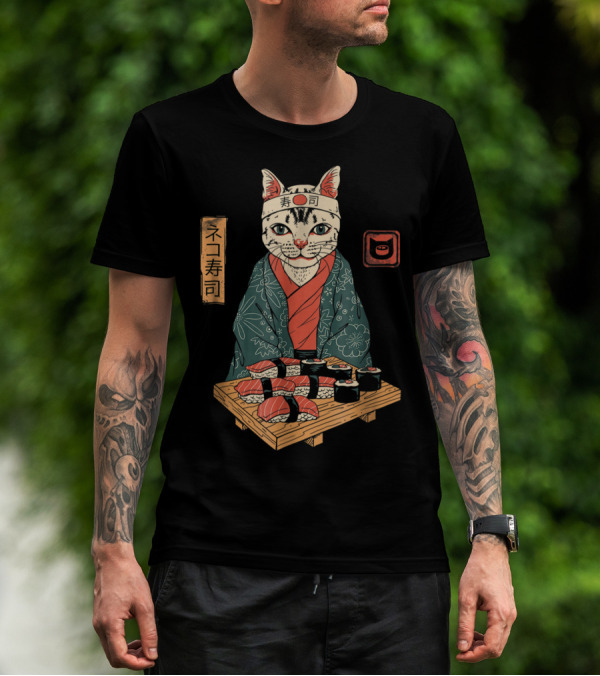 Neko Sushi Cat Chef In Kimono With Sushi Platter T-Shirt