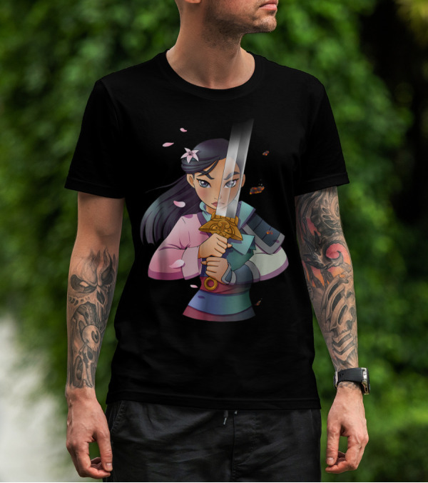 Disney Mulan Anime Half Girl Half Warrior Sword Blossoms T-Shirt