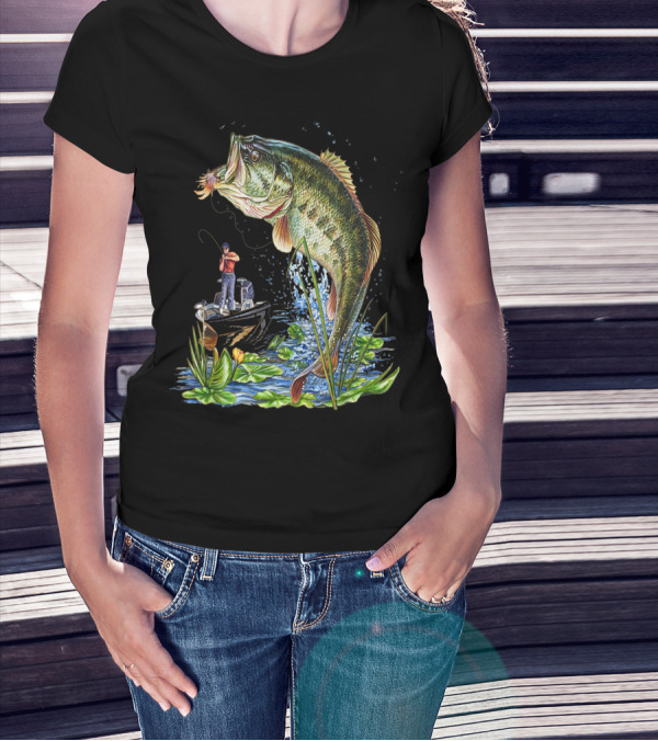 Fishing Large Mouth Bass Catching Scene With Angler And Boat T-Shirt