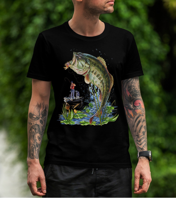 Fishing Large Mouth Bass Catching Scene With Angler And Boat T-Shirt