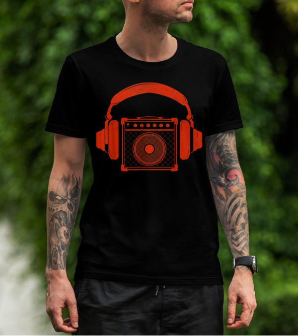 Red Headphones Over Speakerbox Music Lovers Novelty T-Shirt