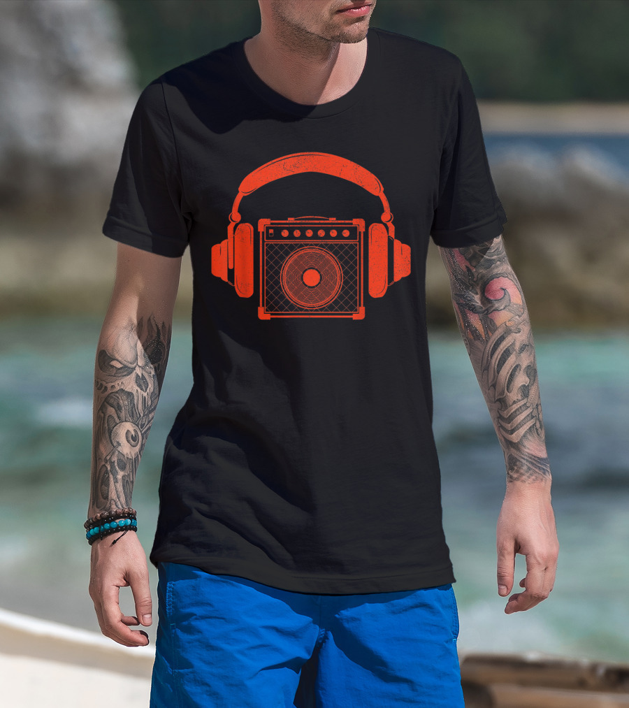 Red Headphones Over Speakerbox Music Lovers Novelty T-Shirt