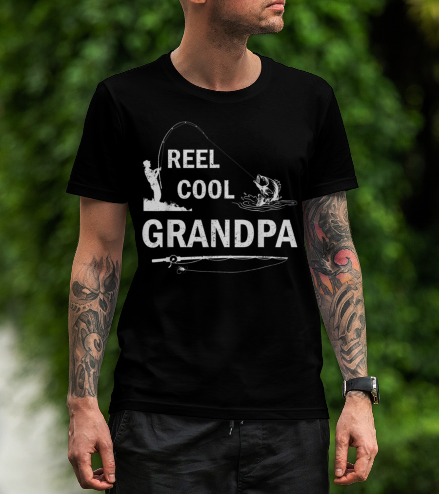 Reel Cool Grandpa Fishing Silhouette With Rod And Fish T-Shirt