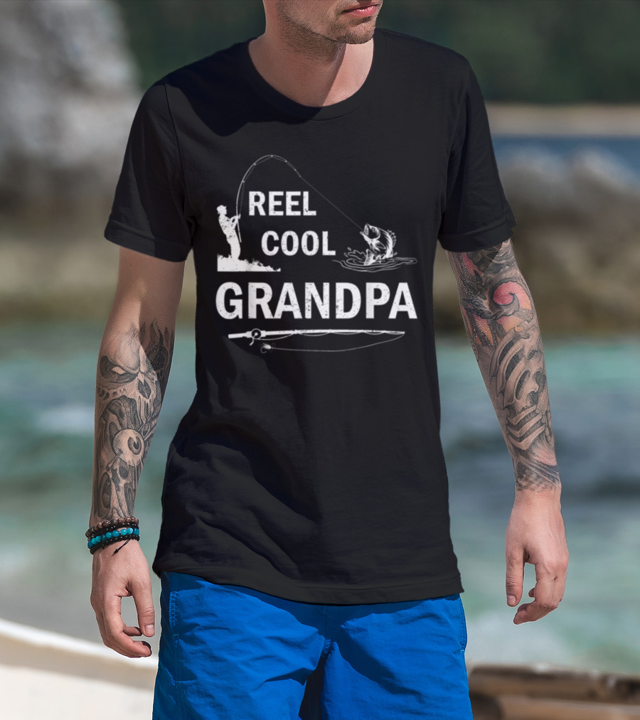 Reel Cool Grandpa Fishing Silhouette With Rod And Fish T-Shirt