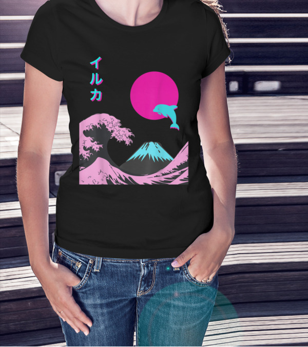 Retro Aesthetic Iruka Dolphin With Japanese Writing And Mount Fuji In Neon Colors T-Shirt