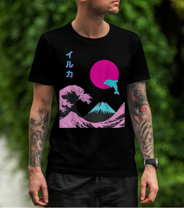 Retro Aesthetic Iruka Dolphin With Japanese Writing And Mount Fuji In Neon Colors T-Shirt