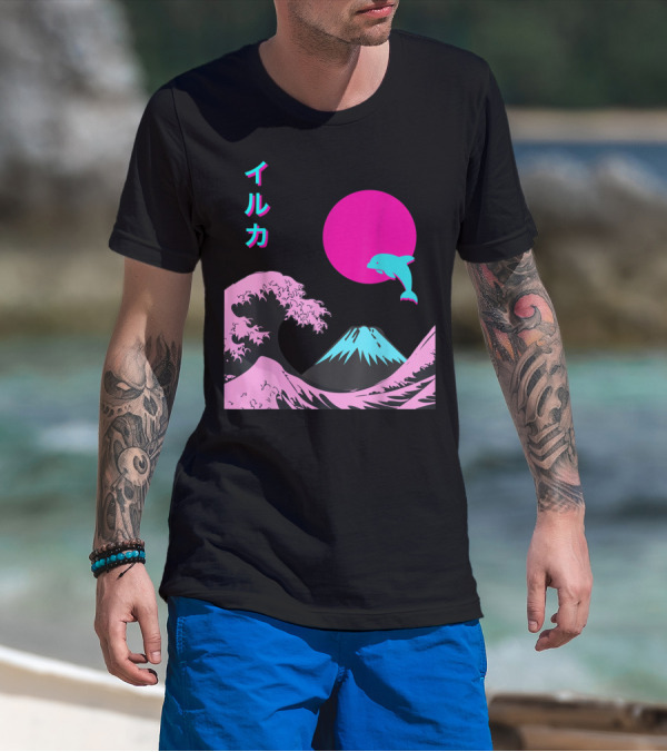 Retro Aesthetic Iruka Dolphin With Japanese Writing And Mount Fuji In Neon Colors T-Shirt