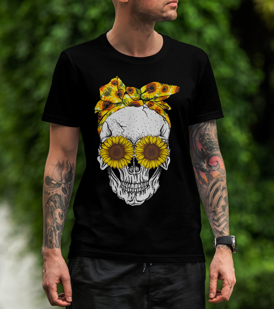 Skull With Sunflower Glasses And Floral Headband T-Shirt