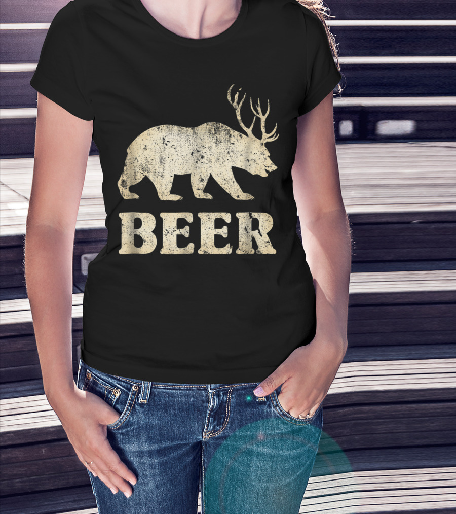 Vintage Bear Deer Beer Funny Retro Mashup T-Shirt