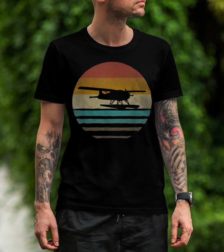 Retro Vintage Seaplane Silhouette In Sunset Stripe Circle T-Shirt