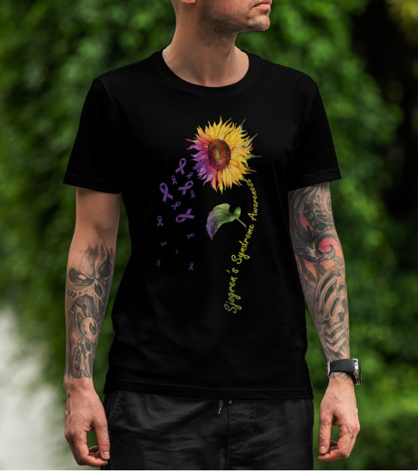 Sjogren's Syndrome Awareness Sunflower With Purple Ribbons T-Shirt