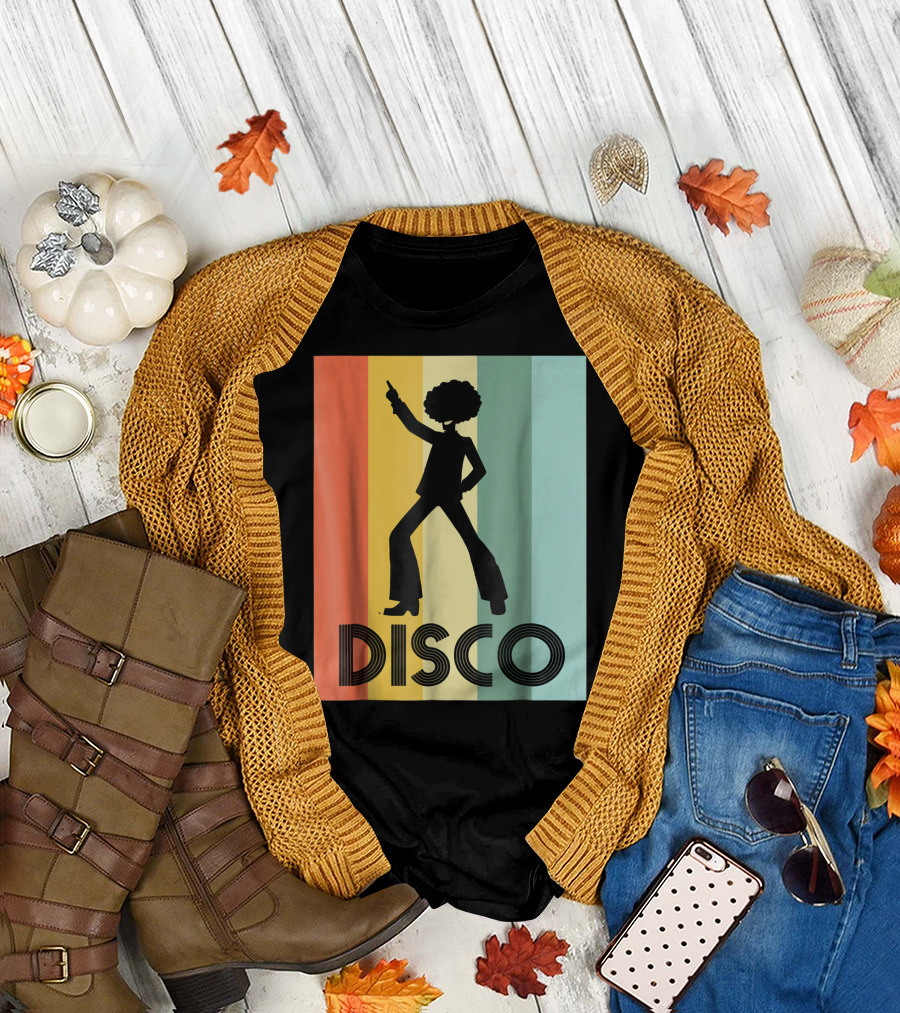 70s Disco Dancing Silhouette Retro Stripes T-Shirt