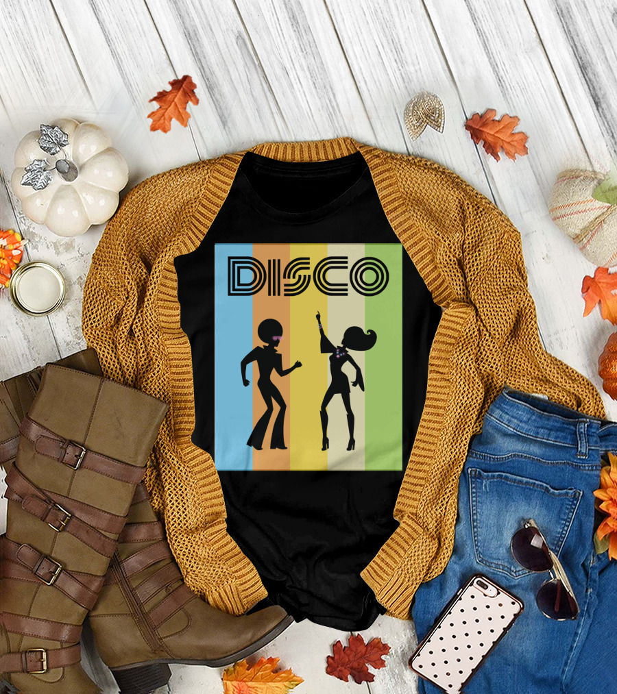 Disco Dancing 70s Disco Dancer with Silhouette and Retro Stripes T-Shirt