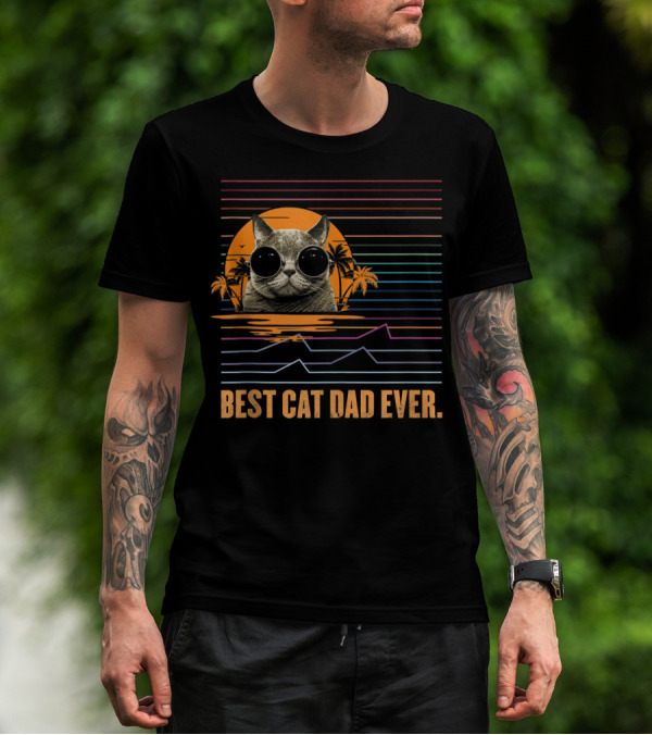Best Cat Dad Ever Retro Sunset Cat With Sunglasses And Palm Trees T-Shirt