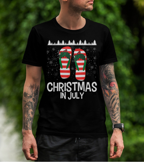 Christmas In July Flip Flop Stripes And Holly T-Shirt