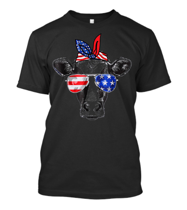 Cute Cow Sunglasses American Flag Bandana July 4th T-Shirt