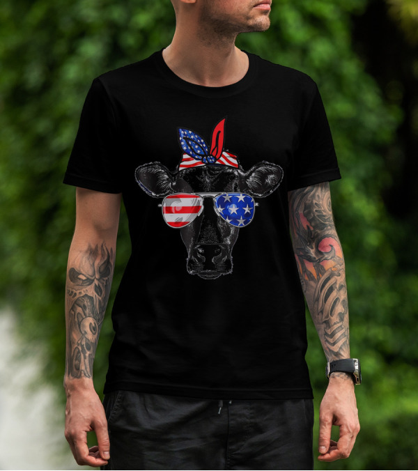 Cute Cow Sunglasses American Flag Bandana July 4th T-Shirt