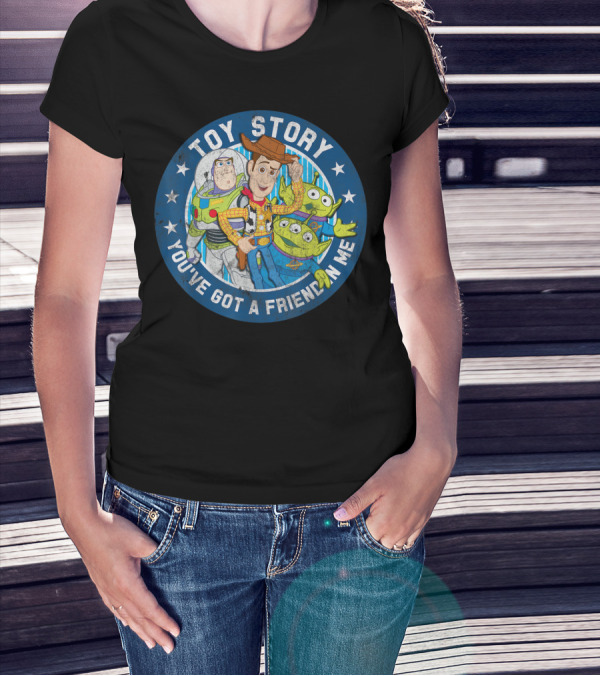 Toy Story You've Got A Friend In Me Buzz Woody Aliens Circle Blue Stars T-Shirt