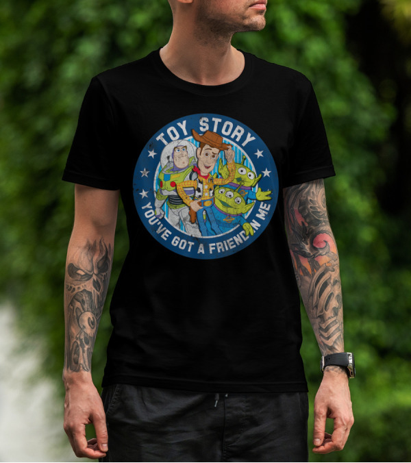 Toy Story You've Got A Friend In Me Buzz Woody Aliens Circle Blue Stars T-Shirt