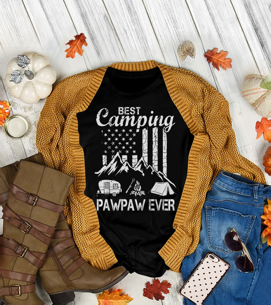Best Camping Pawpaw Ever Mountains Flag Tent Camper Fire Father's Day T-Shirt