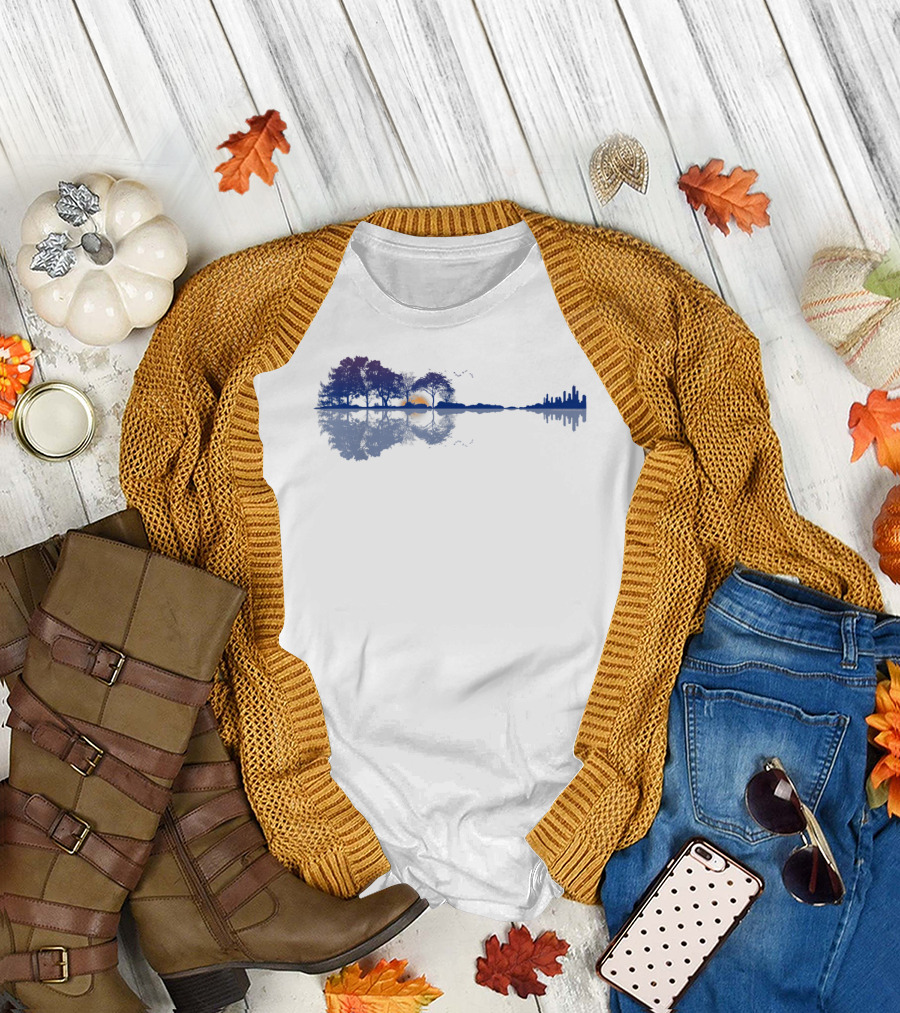 Guitar Reflections Lake Scene for Music Lovers T-Shirt