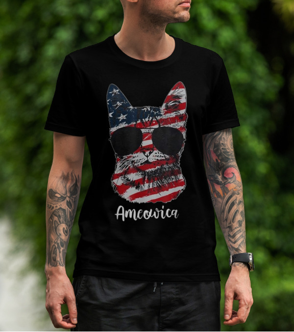 Ameowica American Flag Cat With Sunglasses T-Shirt