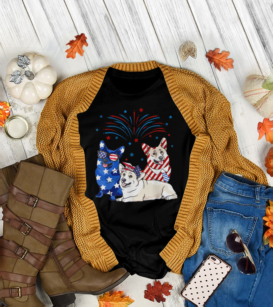 American Flag Stars and Stripes Corgi 4th of July Fireworks T-Shirt
