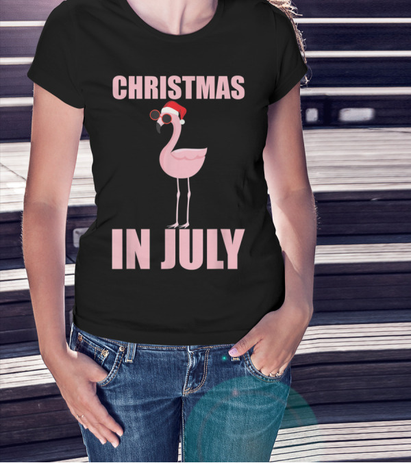 Christmas In July Funny Flamingo In Santa Hat T-Shirt