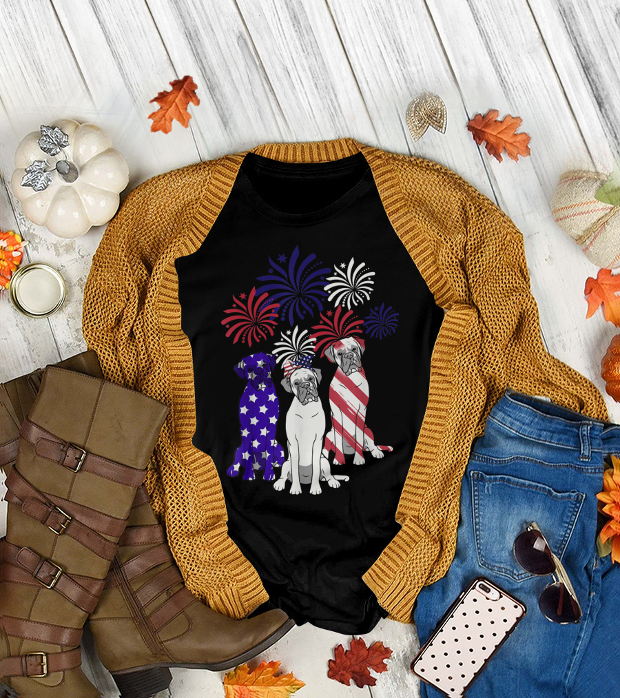 American Flag Boxer Dog Trio with Fireworks 4th of July T-Shirt