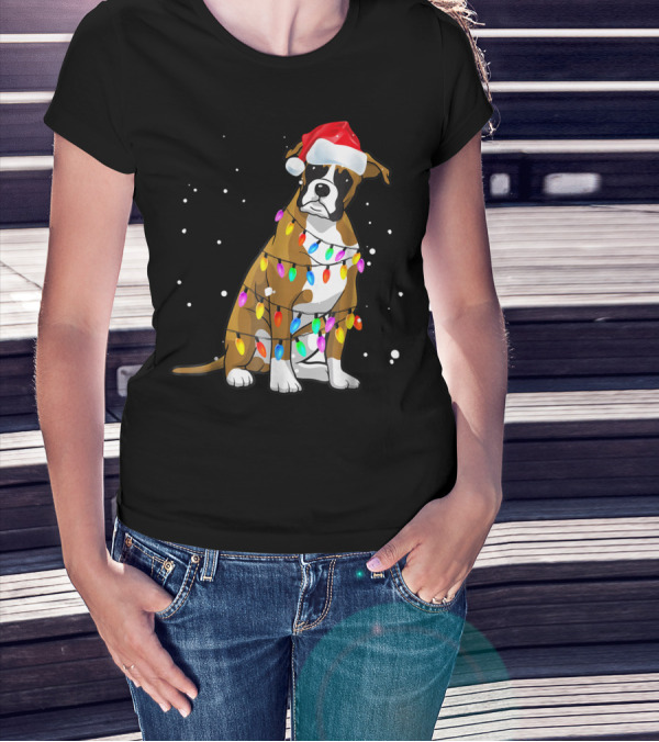 Boxer Dog Wrapped In Christmas Lights Wearing Santa Hat T-Shirt