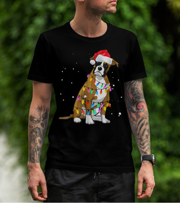 Boxer Dog Wrapped In Christmas Lights Wearing Santa Hat T-Shirt
